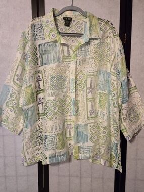 ELCC Vintage Women's Casual Button-Up Shirt in White with Green & Blue Print